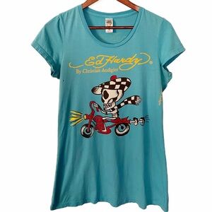 Vintage Ed Hardy Skeleton Riding Motorcycle Long Tee Size M